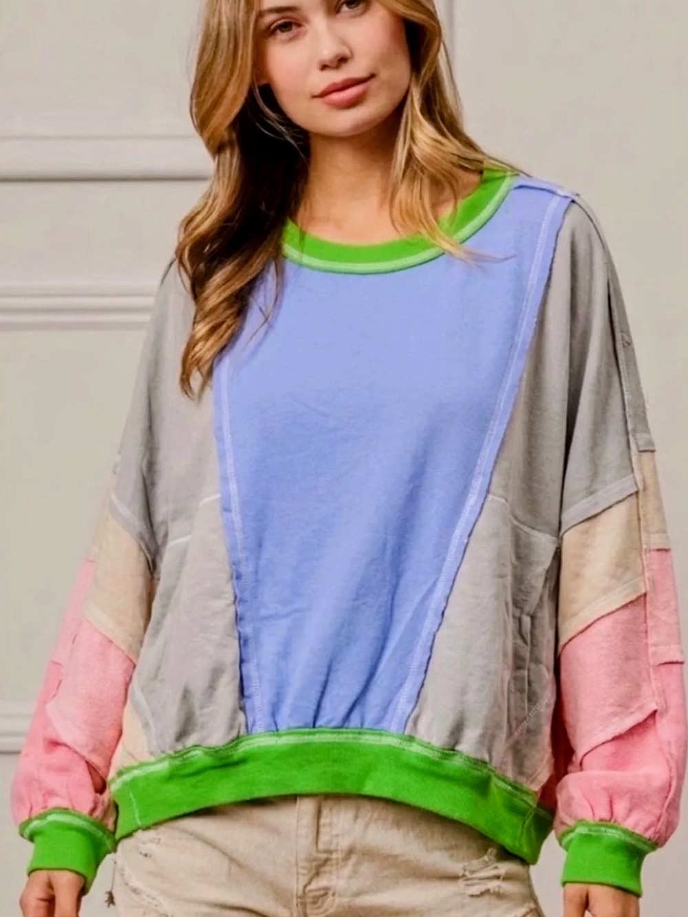 BiBi Colorblock Oversized Crewneck Sweatshirt in Blue, Pink & Green